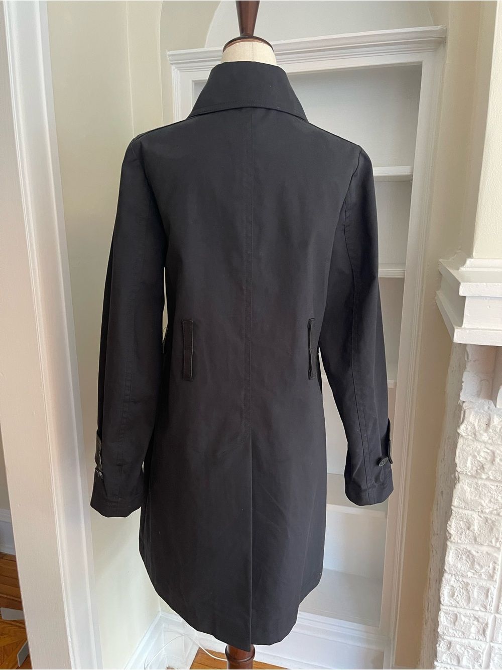Theory Black Trench Coat P Petite Cotton Leather Trim Minimalist Designer Coat - Picture 5 of 11